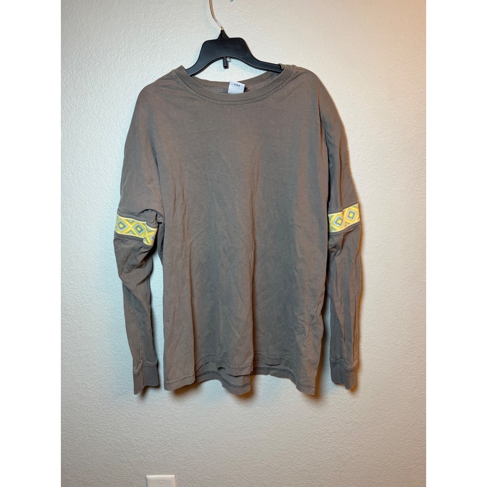 Urban Outfitters Mens Long Sleeve Embroidered Trim T-Shirt Brown Size M